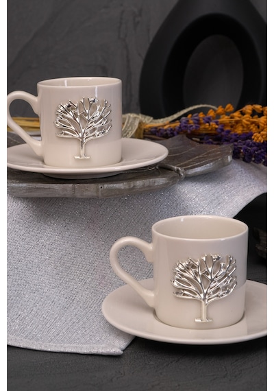 Hayat Ağacı Platin Kabartma Motif 4 Parça 2 Kişilik Kahve Fincan Takımı
