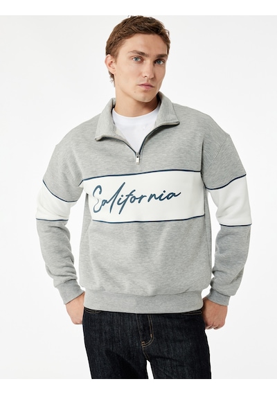 Koton Üç İplik Şardonlu Renk Bloklu Rahat Kalıp Yarım Fermuarlı Yaka Baskılı Sweatshirt Gri 7wam70018mk