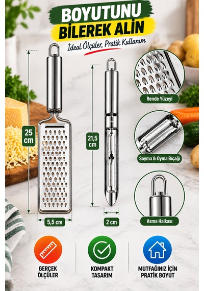 2'li Set Paslanmaz Çelik Rende Ve Soyacak Oyacak Peynir Sebze Patates Limon Çikolata Mutfak Gereci Gümüş