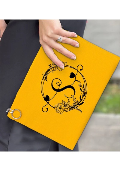 Bk Gift Kişiye Özel Harfli Astarlı Sarı Portföy Çanta 30x21cm, Baskılı El Çantası, Organizer Çanta