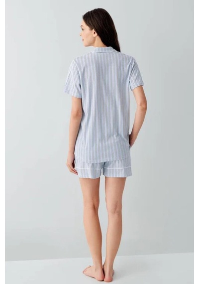 Arnetta Premium Seri Kadın Gömlek Yaka Önden Düğmeli %100 Pamuklu Kısa Kol Şortlu Pijama Takım Mavi Arnetta Premium Seri Kadın Gömlek Yaka Önden Düğmeli %100 Pamuklu Kısa Kol Şortlu Pijama Takım Mavi