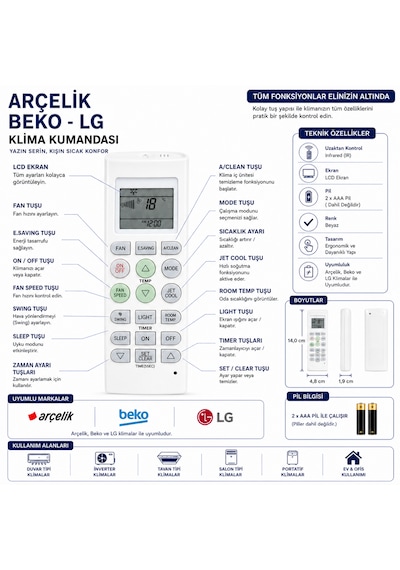 Arçelik Beko Lg Klima Kumandası Lcd Ekranlı Isıtma Soğutma Fan Hızı Swing Jet Cool Uzaktan Kumanda