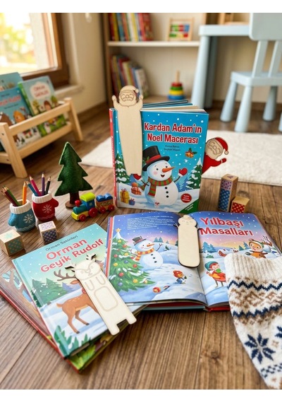 Yılbaşı Hediyelik Ahşap Kitap Ayracı Seti 3 Adet - Sevimli Yılbaşı Karakterleri Kitap Tutucu
