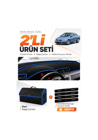 E-biz Volkswagen Passat Cc 2008-2012 Uyumlu Torpido Örtüsü + Deri Çanta - Siyah-mavi - Vw016