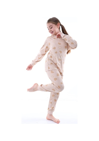 Geyik Desenli Kız Çocuk Pijama Takımı Bej