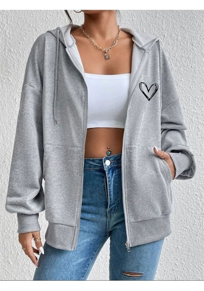 Altamira Unisex Gri Kalp Baskılı Ince Mevsimlik Kapşonlu Oversize Hırka 001