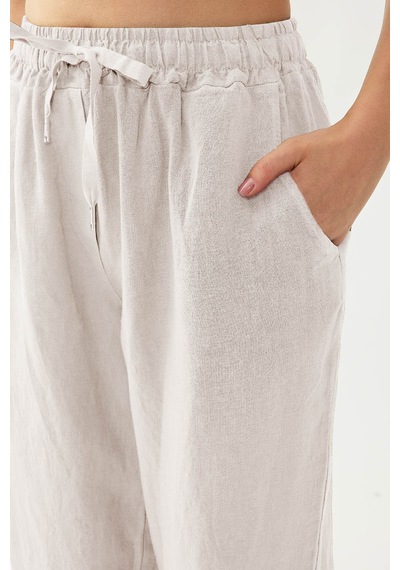 Vitrin %100 Keten Beli Lastikli Cepli Geniş Paça Pantolon Bej