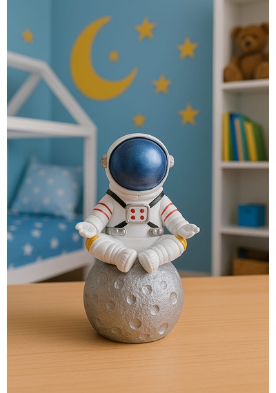 Momiko Uzay Temalı Meditasyon Yapan Beton Astronot Masaüstü Heykeli - Dekoratif Mini Figür -