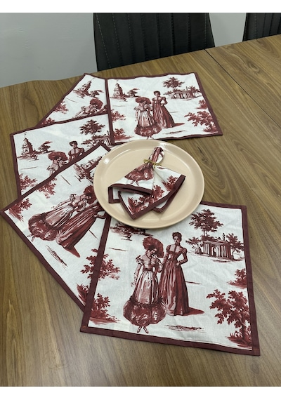 Toile De Jouy Paris Amerikan Servis 6 Lı Set 30x30 Cm %100 Pamuk Dijital Baskılı Klasik Fransız Tarzı Masa Dekoru - Zt720 Kırmızı