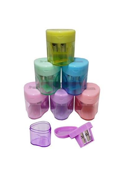 Artlantis Kalemtıraş Çift Bıçaklı Hazneli 6 Renk 1 Paket Mk-4014 Üçgen Pastel Renkler İki Bıçaklı Jumbo Kalem