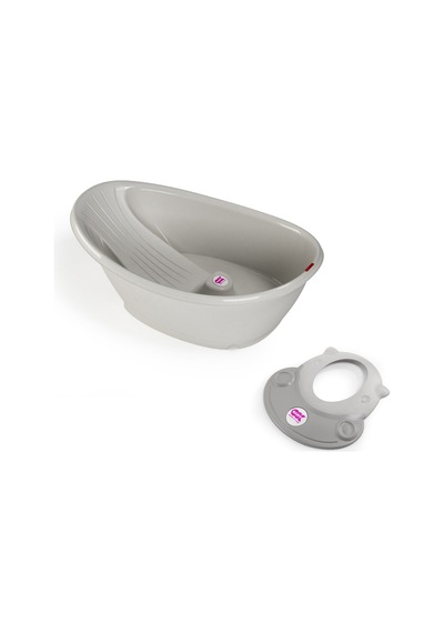 Okbaby Bebek Banyo Seti Bella Dijital Termometreli Çift Yönlü Küvet + Hippo Duş Şapkası A.gri