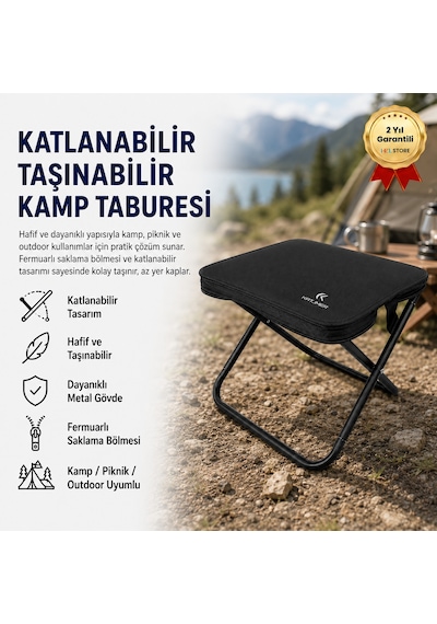 Katlanabilir Taşınabilir Kamp Taburesi,hafif, Dayanıklı Ve Fermuarlı Saklama Bölmeli Outdoor-1710 Siyah
