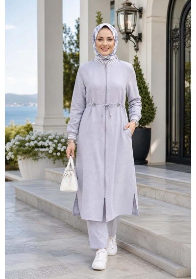 Hb Harma Time Butik Kadın Ribanalı Fermuarlı Keten Tunik Pantolon Gri İkili Takım Gri Gri