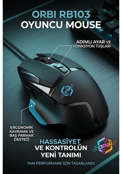 Gaming Mouse Ergonomik Başparmak Destekli Kablolu Profosyonel Oyuncu Mouse Ayarlı 7200 Dpı Rb103