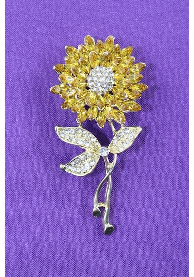 Ayçiçeği Broş. Taşlı Tasarım Ay Çiçekli Broş. Yaka Iğnesi Broş. Kadın Broş. Broş Gold