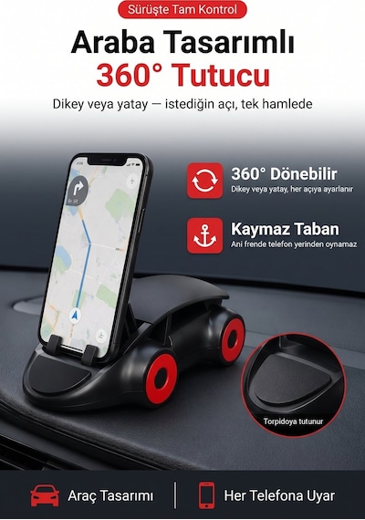 360 Derece Dönebilen Ayarlanabilir Araç İçi Telefon Tutucu Araba Uyumlu Siyah