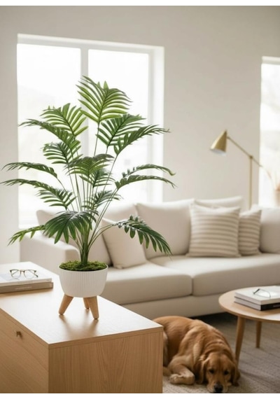 Yapay Çiçek Salon Bitkisi Areka 80cm 18 Yaprak Beyaz Zigon Saksıda Yeşil