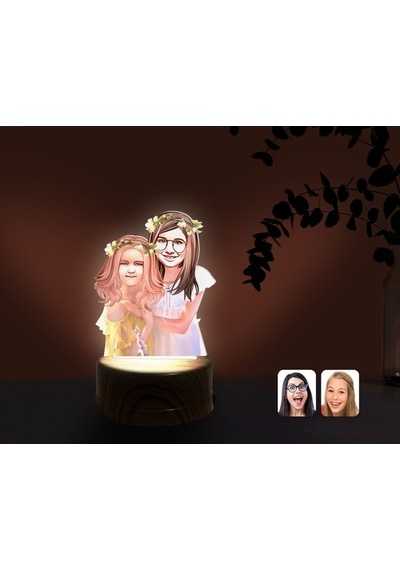Kişiye Özel Kız Kardeşler Karikatürlü Dekoratif 3D Biblo Led Işık (483006734)
