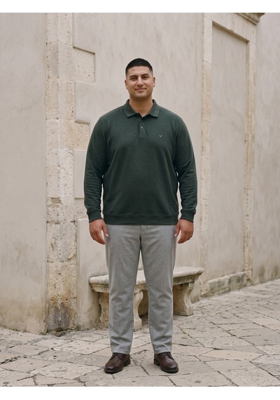 Maccali Erkek Haki Büyük Beden Polo Yaka Battal Sweatshirt
