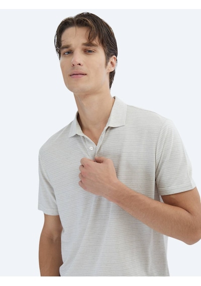 Kip Bej Çizgili Polo Yaka Pamuk Karışımlı T-shirt Bej