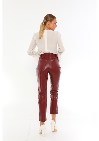 Dericeketim Kadın Kırmızı Gerçek Deri Kot Model Deri Pantolon