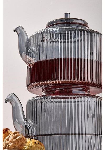 Perotti Tobby Line Füme Çizgili Borosilikat Cam Çaydanlık 1.1l + 1.75l 16802 Şeffaf