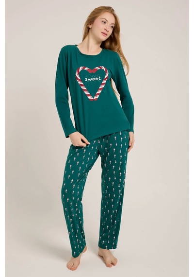 Yeşil Kalp Baskılı Kadın Yeşil Pijama Takımı Yeşil