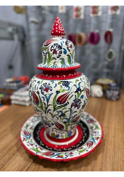 Tabaklı Büyük Boy Şah Küpü 40 Cm Lale Desenli Kütahya Çini