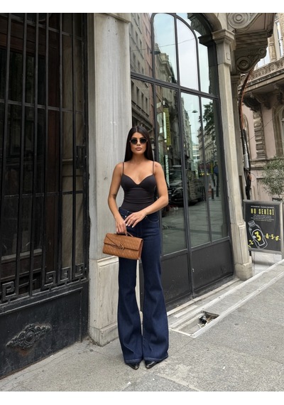 Out Of Standart Kadın Midwaist Flare Yüksek Bel Geniş Paça Jean Pantolon İndigo