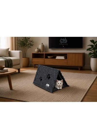 Keçe Kedi Evi Demonte, Yıkanabilir, Taşınabilir Kedi Kulübesi İskandinav Gri