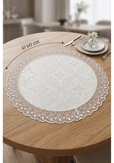 Lüks Jakarlı Yuvarlak Runner Güpür Dantelli Masa Örtüsü 60 Cm Beyaz