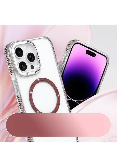 Apple iPhone Uyumlu 14 Pro Max Kılıf Taşlı Simli Magsafe Kamera Yükseltili Silikon Pazarplus Mürdüm