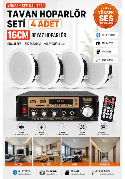 Tavan Hoparlör Seti 1 Adet Anfi 400w Bluetooth Usb Sd Fm + 4 Adet 16 Cm Tavan Hoparlör