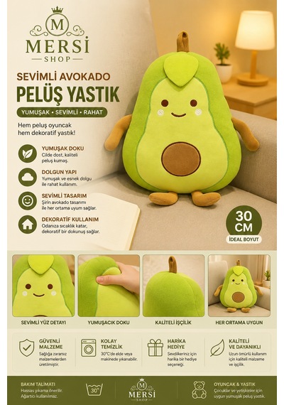 Sevimli Avokado Peluş Yastık Dekoratif Oyuncak Yastık 30 Cm Açık Yeşil