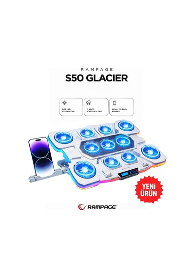 S50 Glacier Beyaz Rgb Işıklı 11 Fanlı Lcd Göstergeli 1 Type C 1 Usb Girişli Yükselebilen Notebook Soğutucu