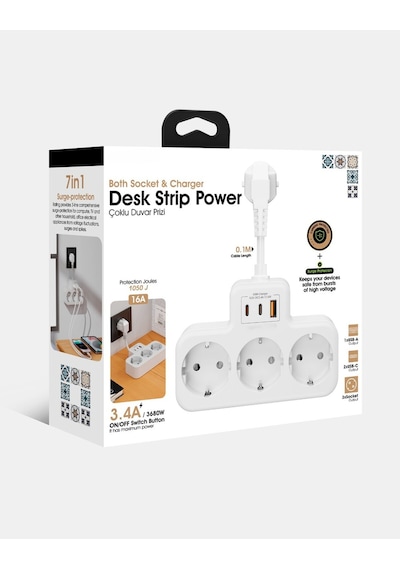 Çoklu Kablolu Priz Yüksek Gerilim Korumalı 3'lü Priz 1x Usb 2x Type-c Çıkışlı Grup Priz Çoğaltıcı 2 M
