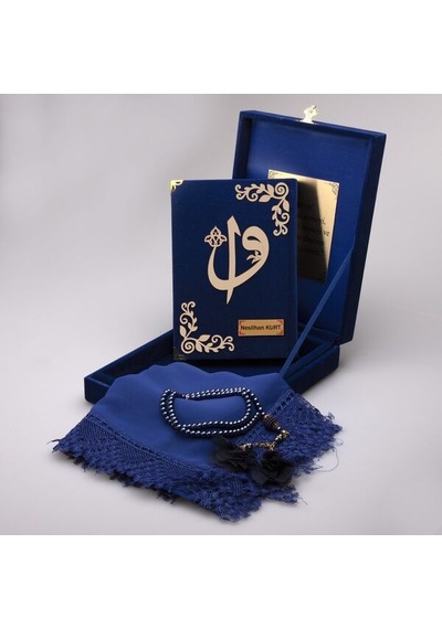 Plaket Kutulu Kur'an-ı Kerim Seti - Mavi Mevlit Örtü Tespih