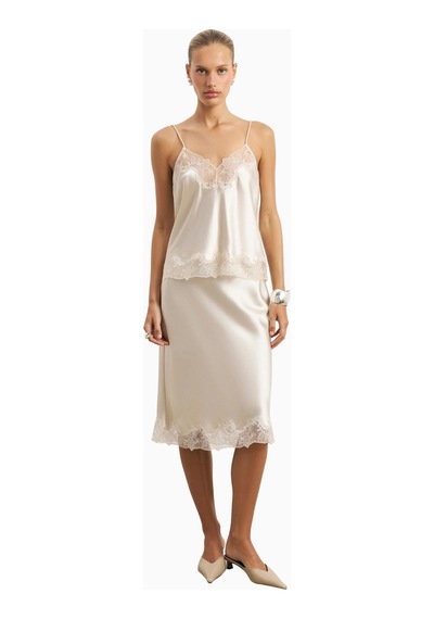 Because Of Alice Satin Lace Detail Camisole V Yaka Kadın Bluz Kırık Beyaz