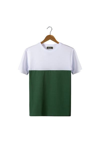 Yeşil Beyaz İki Renk Regular Kalıp Bisiklet Yaka Pamuklu T-shirt Yeşil