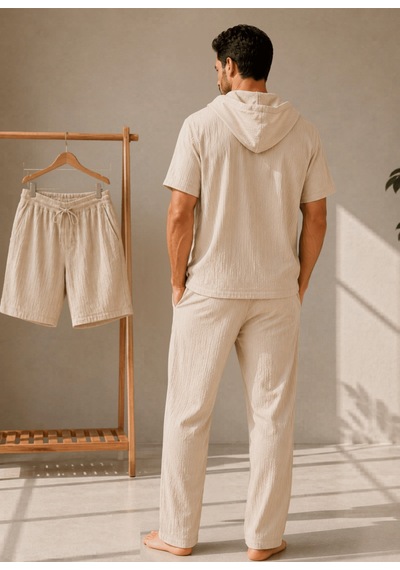 Erkek Müslin Kapşonlu 3'set Gömlek-şort-pantalon Bej
