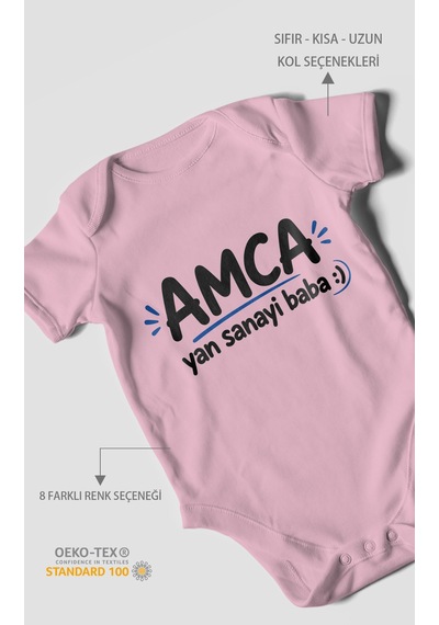 Morivokids Amca Ve Yan Sanayi Babaya Özel Kısa Kollu Bebek Body %100 Pamuk Koyu Pembe