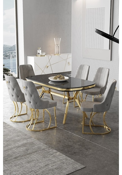 Canisa Epal Serisi 90x168 Lak Panel Siyah Mermer Desen Masa Takımı Gold Ayaklı 6 Gri Sandalye Masa Siyah Mermer Desen Sandalye Gri Canisa Epal Serisi 90x168 Lak Panel Siyah Mermer Desen Masa Takımı Gold Ayaklı 6 Gri Sandalye Masa Siyah Mermer Desen Sandalye Gri