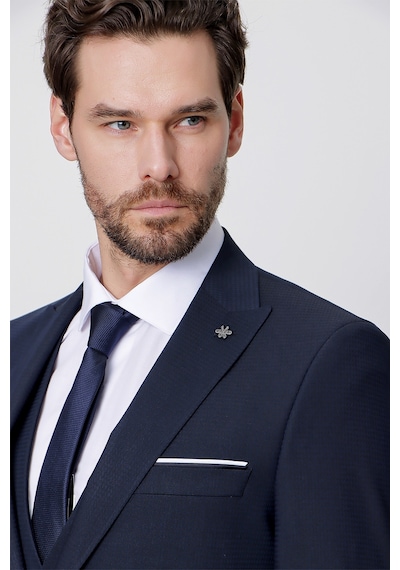 Morven Lacivert Yelekli Jakarlı Slim Fit Dar Kesim 6 Drop Erkek Takım Elbise Lacivert