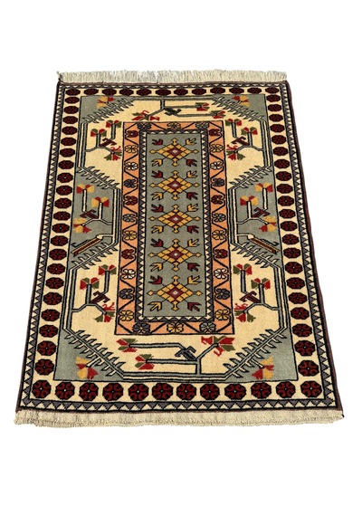 El Dokuma Sıfır Milas Halısı 100x135 Krem Turkuaz Bej Kök Boya