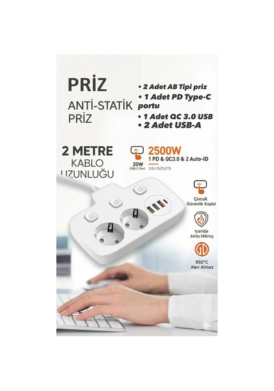 Akım Korumalı 2500w Güçlü 3 Usb + Type-c Portlu Çoklu Priz Hızlı Şarj, Çocuk Kilidi, 2 Metre 0 - 2 M