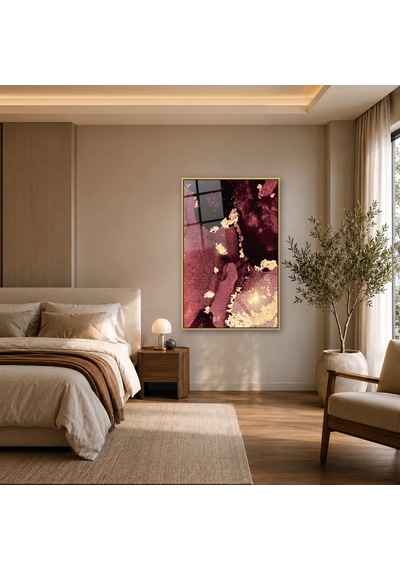 Bordo Siyah Altın Tozlu Soyut Gold Çerçeveli Cam Tablo