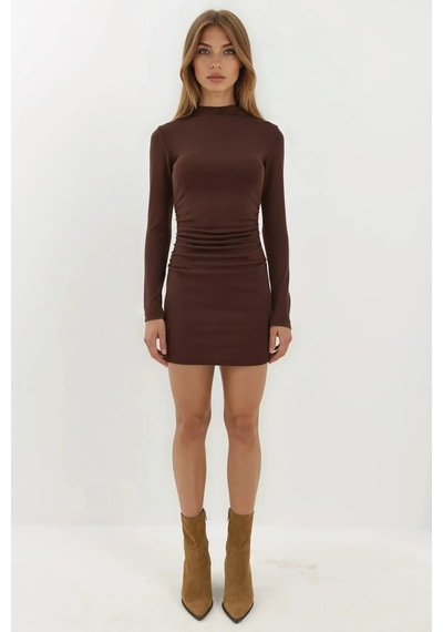 Hiccup Bodycon Modal Kumaş Mini Elbise Kestane Kahvesi