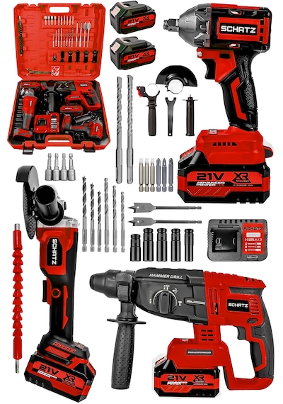 Schatz 21v Kömürsüz Çift Akülü Şarjlı 3'lü Set Spiral Taşlama + Kırıcı Delici Hilti + Somun Sıkma Sökme Makinesi Kırmızı