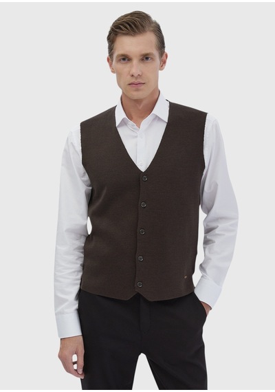 Ramsey Kahverengi Regular Fit V Yaka Casual Örme Triko Yelek