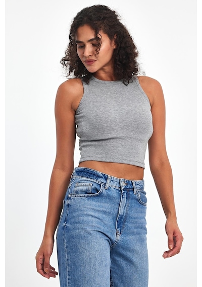Comeor Kadın Gri Fitilli Görünümlü Askılı Kalın Esnek Örme Basic Crop Atlet Bluz Cmrb93
